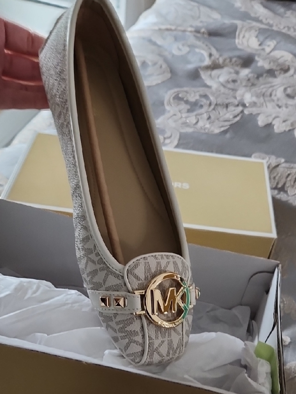 Michael Kors Taupe MK Logo Slip-On Loafers with Gold Emblem